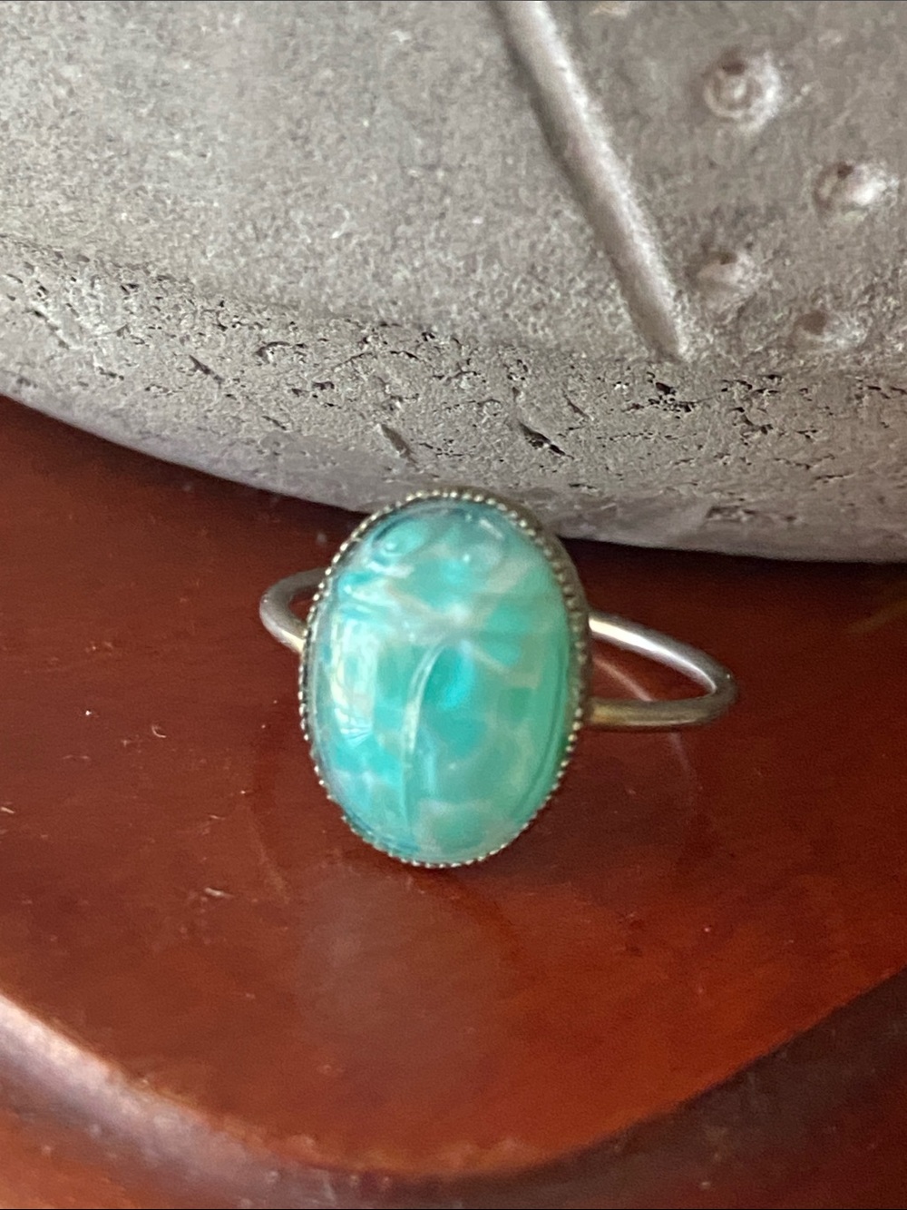 Vintage Scarab Beetle Oval Green-Turquoise Glass Stone Silver Ring